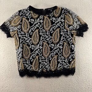 Supply & Demand Embroidered Top Small Black Gold Silver Excellent Paisley Lace
